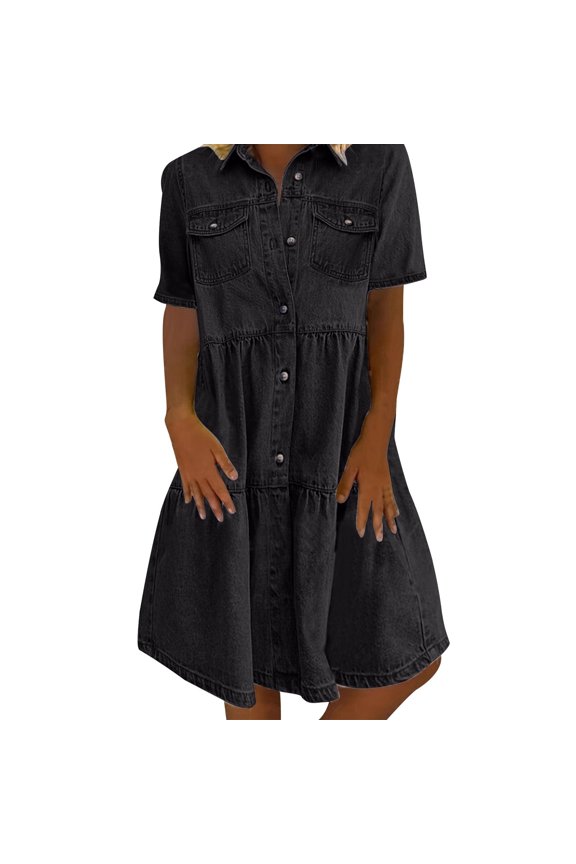 Women's Denim Shirt Dress Short Sleeve Lapel Collar Button Down Tiered Ruffle Tunic Jean Dress with Pockets for Back to School Outfit Black M
