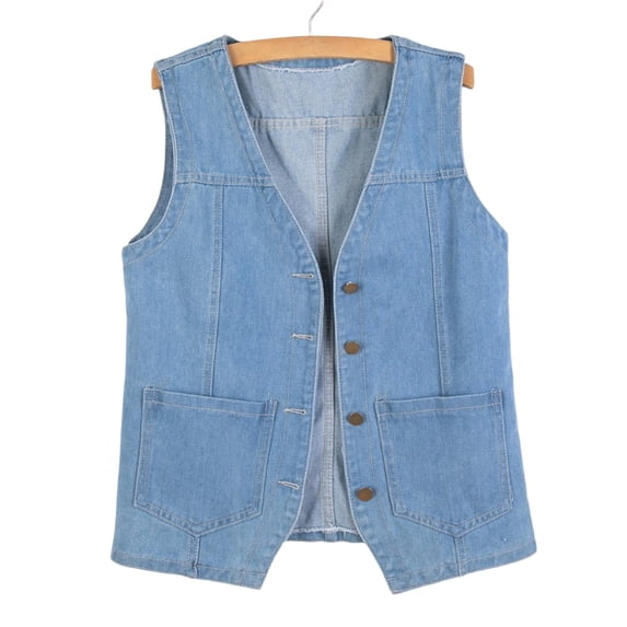 QSAWXQZ Women's Denim Vest V Neck Sleeveless Button Down Jean Vest with Pockets for Fall XL