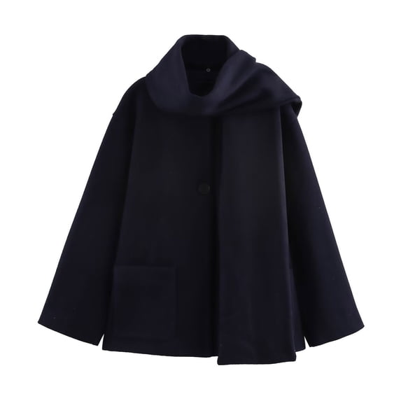 QSAWXQZ Women's Detachable Scarf Jacket Long Sleeve Wraps Knit Button Down Solid Winter Detachable Peacoat with Pockets Navy S