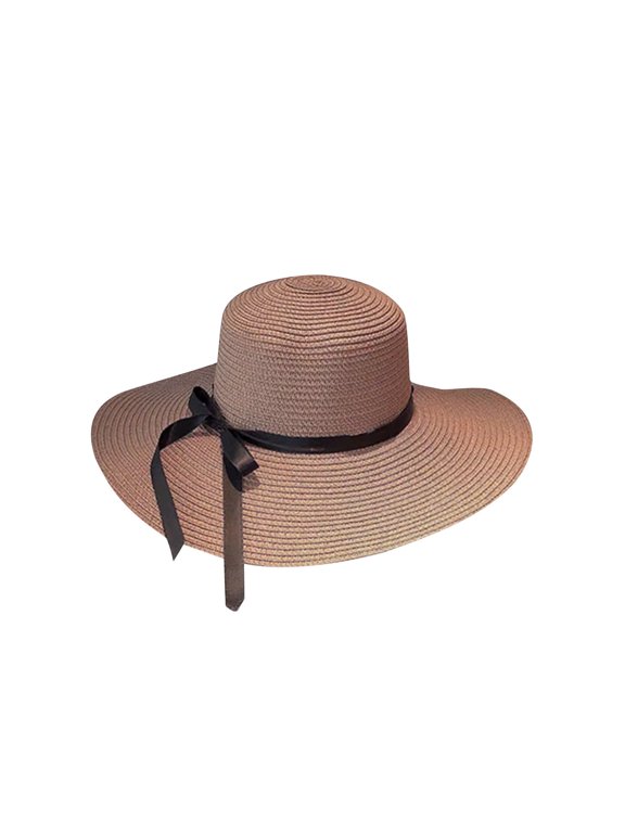 Summer Sun Hat for Women Ribbon Bow Beach Sun Protection Wide Brim Straw Hat Khaki