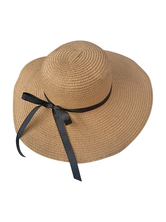 Summer Sun Hat for Women Ribbon Bow Beach Sun Protection Wide Brim Straw Hat Khaki