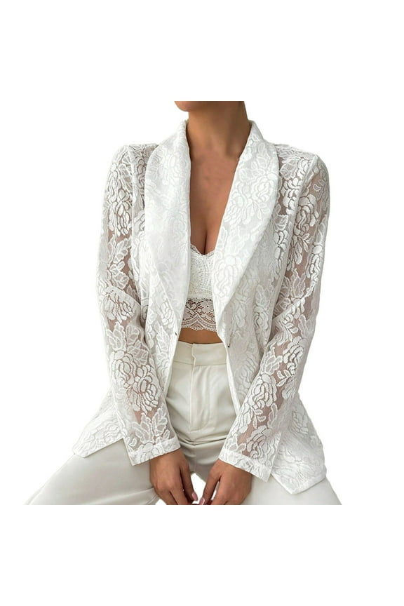 Women's Elegant Floral Lace Blazer Sheer Long Sleeve Open Front Cardigan Jacket for Wedding Guest Party White M