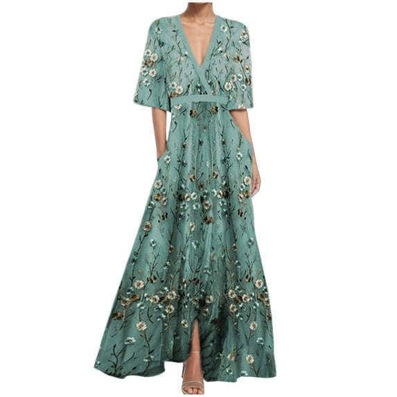 QSAWXQZ Women's Elegant Mesh Maxi Dress Floral Embroidery V Neck Short Sleeve A Line Evening Gown with Pockets Wedding Guest Gray L