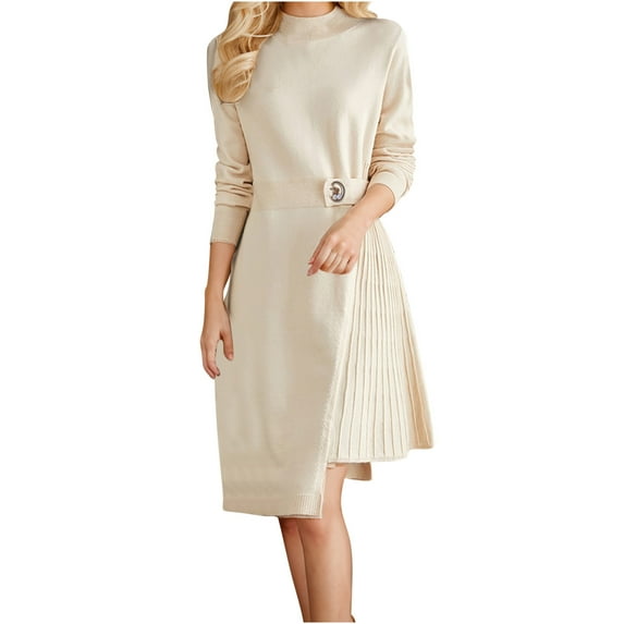 QSAWXQZ Women's Elegant Mock Neck Sweater Dress Long Sleeve Pleated A Line Midi Dress with Button Beige Free Size