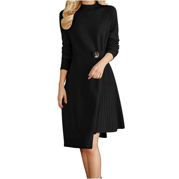 QSAWXQZ Women's Elegant Mock Neck Sweater Dress Long Sleeve Pleated A Line Midi Dress with Button Black Free Size