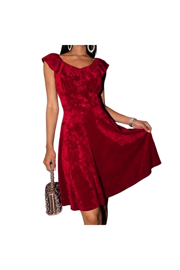 Women's Elegant Velvet Flare Dress Sleeveless Solid Crew Neck Ruffle Trim Pleated Midi A Lined Dress Red 2XL