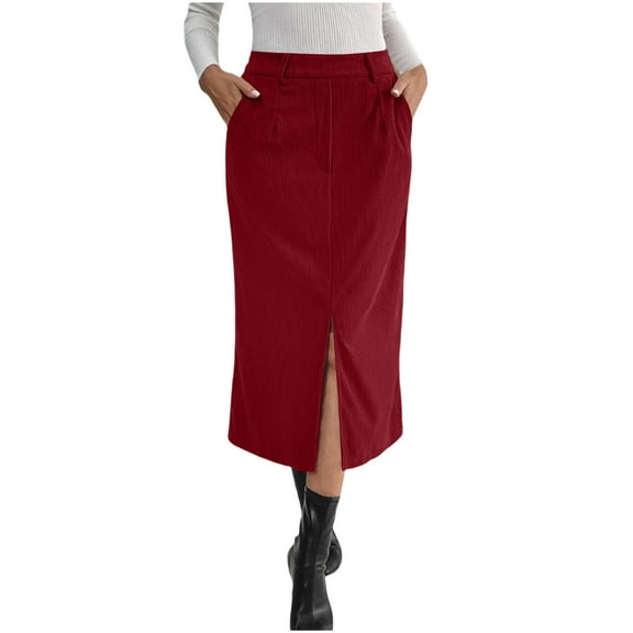 QSAWXQZ Women's Embroidered Corduroy Midi Skirt Solid High Waisted Side Slit Casual Work Skirt Red M