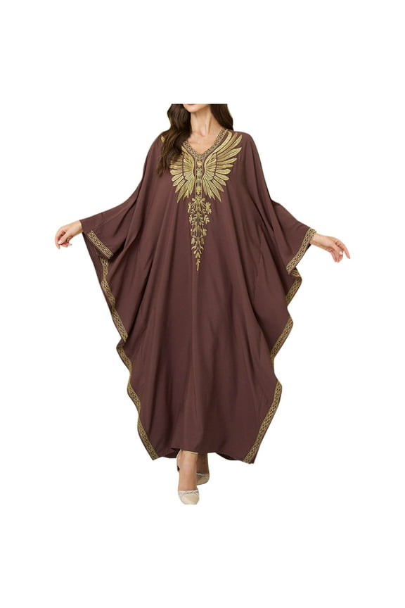 Women's Embroidered Maxi Cover Up Dress Batwing Sleeve V Neck Boho Evening Gown Brown Free Size