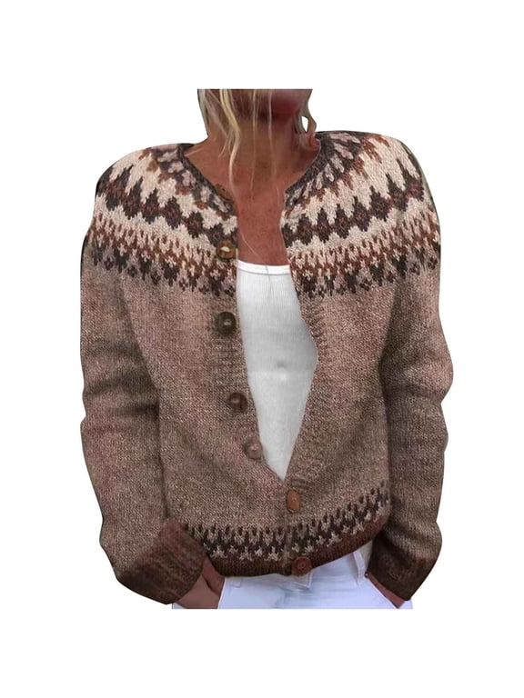 Women's Fair Isle Sweater Ethnic Vintage Argyle Knit Outwear Colorful Boho Icelandic Button Cardigan Khaki-2 M