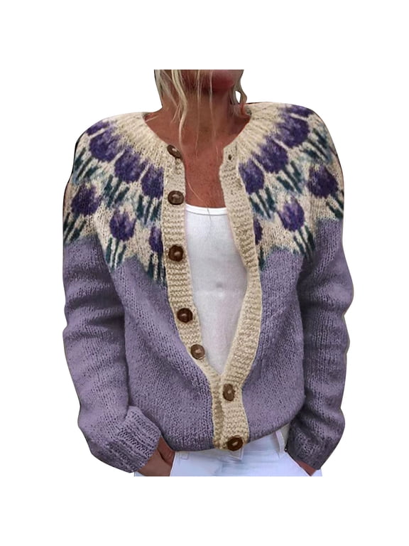 Women's Fair Isle Sweater Ethnic Vintage Argyle Knit Outwear Colorful Boho Icelandic Button Cardigan Purple 2XL