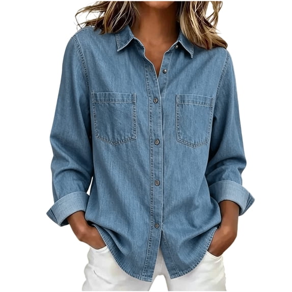 QSAWXQZ Women's Fall Denim Button Down Shirt Collared Long Sleeve Loose Layering Jean Shacket with Pockets 2XL