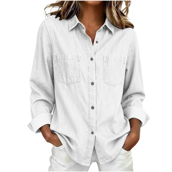 QSAWXQZ Women's Fall Denim Button Down Shirt Collared Long Sleeve Loose Layering Jean Shacket with Pockets L