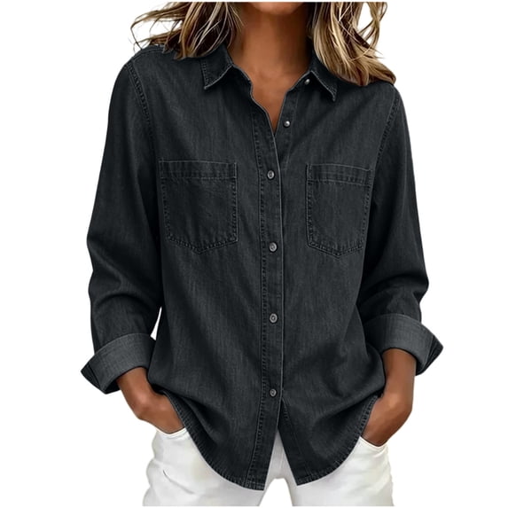QSAWXQZ Women's Fall Denim Button Down Shirt Collared Long Sleeve Loose Layering Jean Shacket with Pockets XL