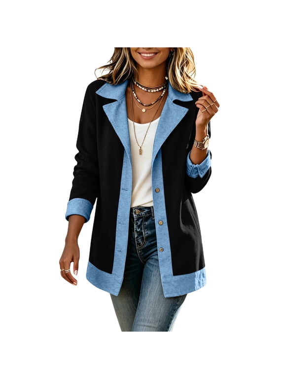 Women's Fall Denim Patchwork Jacket Long Sleeve Button Down Casual Layering Outerwear L