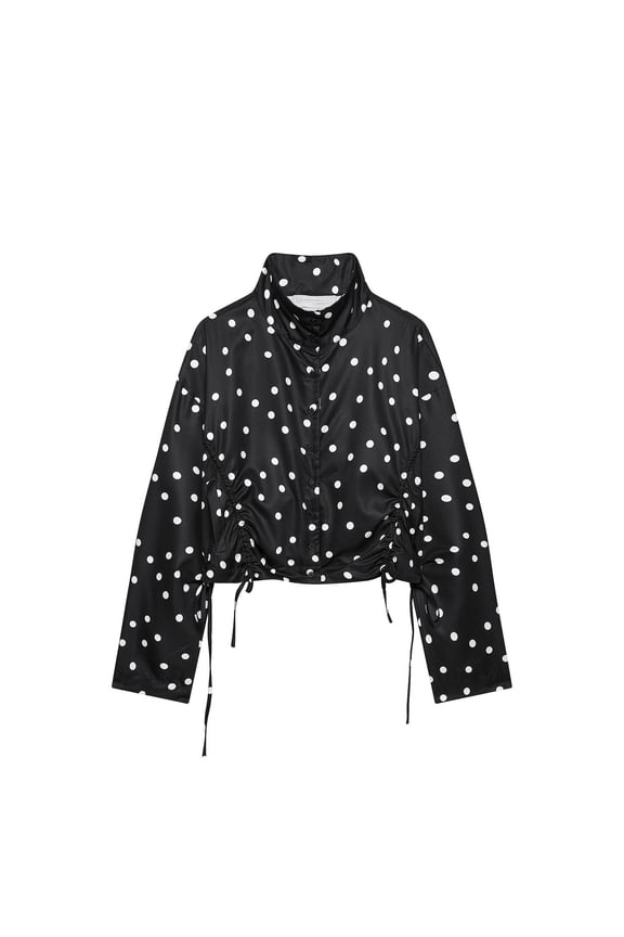 Women's Fall Polka Dot Jacket Long Sleeve Button Down Drawstring Cropped Loose Knit Casual Top XS