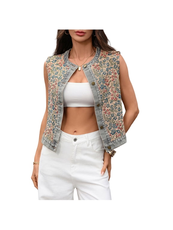 Women's Fashion Denim Look Vest Open Front Sleeveless Floral Embroidered Crew Neck Vintage Style Button Down Layering Casual Streetwear Waistcoat Multicolor L