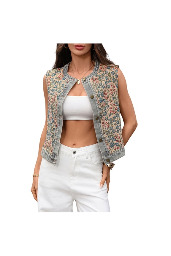 Women's Fashion Denim Look Vest Open Front Sleeveless Floral Embroidered Crew Neck Vintage Style Button Down Layering Casual Streetwear Waistcoat Multicolor L