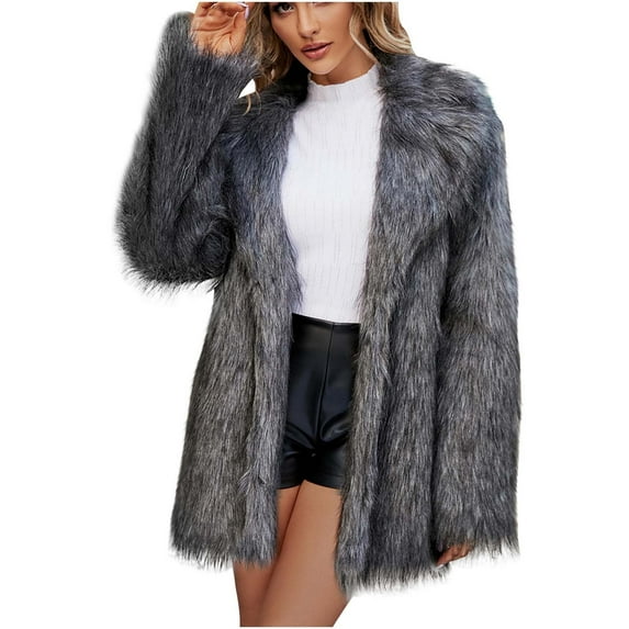 QSAWXQZ Women's Faux Fur Coat Long Sleeve Solid Lapel Collar Cardigan Faux Furrry Outerwear Dark Gray 3XL