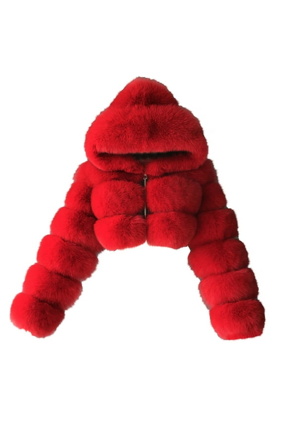 Women's Faux Fur Hooded Jackets Long Sleeve Solid Cropped Cardigan Coat Red 2XL