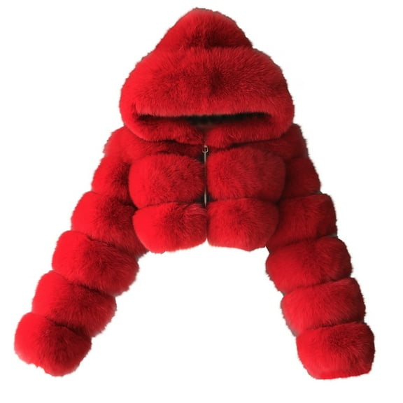 QSAWXQZ Women's Faux Fur Hooded Jackets Long Sleeve Solid Cropped Cardigan Coat Red 3XL