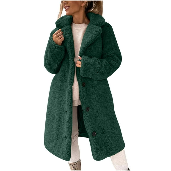 QSAWXQZ Women's Faux Fur Long Coat Long Sleeve Solid Lapel Single-Breasted Warm Winter Outerwear Olive Green L
