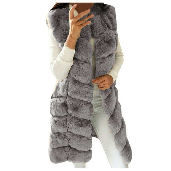 QSAWXQZ Women's Faux Fur Mid Long Vest Sleeveless Solid Warm Winter Cardigan Outerwear Jacket Gray S