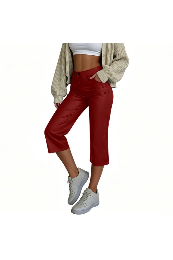 Women's Faux Leather Capri Pants with Pockets Elastic Waist Straight Leg Cropped Pants 2XL