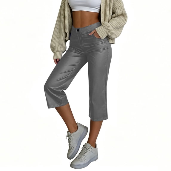 QSAWXQZ Women's Faux Leather Capri Pants with Pockets Elastic Waist Straight Leg Cropped Pants L