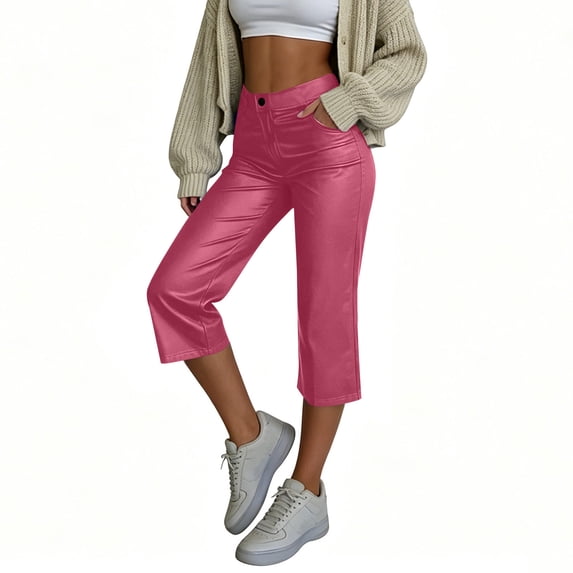 QSAWXQZ Women's Faux Leather Capri Pants with Pockets Elastic Waist Straight Leg Cropped Pants S