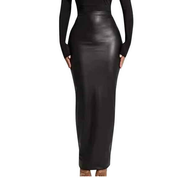 QSAWXQZ Women's Faux PU Leather Maxi Skirt Waterproof High Waist Zipper Pencil Long Bodycon Skirt for Party Vacation S