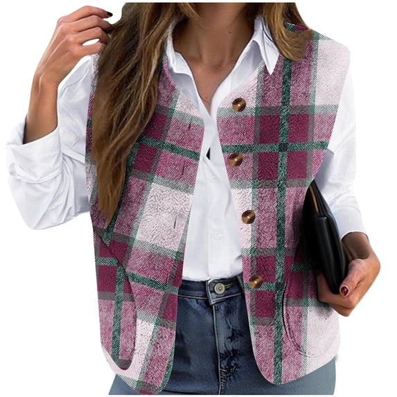 QSAWXQZ Women's Flannel Vest V Neck Sleeveless Collarless Plaid Button Down Layering Vest for Fall 3XL