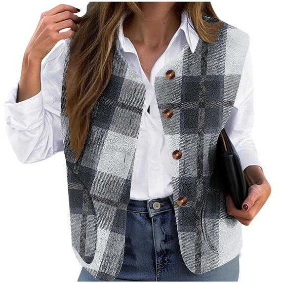 QSAWXQZ Women's Flannel Vest V Neck Sleeveless Collarless Plaid Button Down Layering Vest for Fall 3XL
