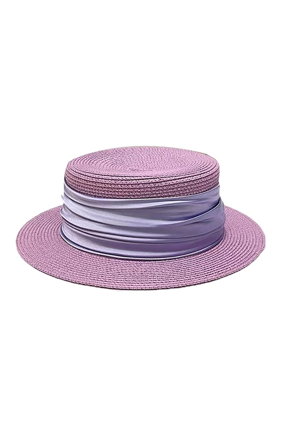 Women's Flat Top Woven Boater Hat Wide Brim Sun Cap with Pleated Ribbon Band for Garden Party and Summer Travel Purple Free Size