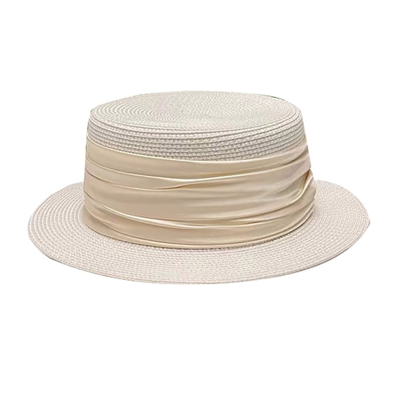 QSAWXQZ Women's Flat Top Woven Boater Hat Wide Brim Sun Cap with Pleated Ribbon Band for Garden Party and Summer Travel White Free Size