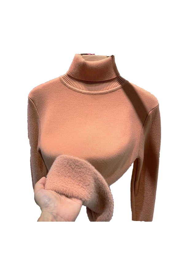 Women's Fleece Lined Knit High Neck Shirt Long Sleeve Solid Stretchy Basic Top Pink S