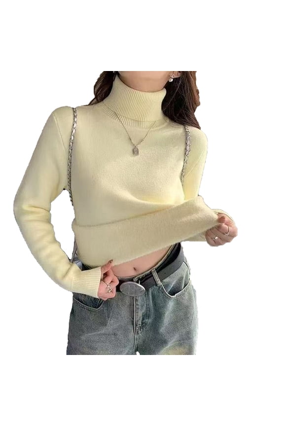 Women's Fleece Lined Knit High Neck Shirt Long Sleeve Solid Stretchy Basic Top Yellow M