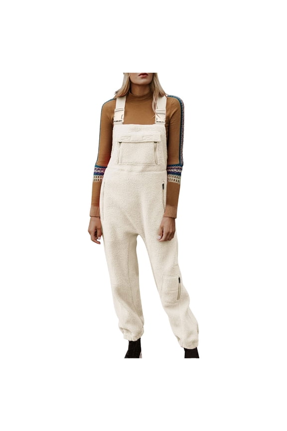 Women's Fleece Lined Overalls Adjustable Strap Solid Pants Jumpsuit with Zipper Pockets Beige 2XL