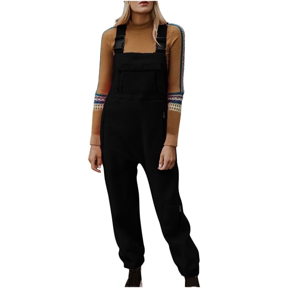 QSAWXQZ Women's Fleece Lined Overalls Adjustable Strap Solid Pants Jumpsuit with Zipper Pockets Black S