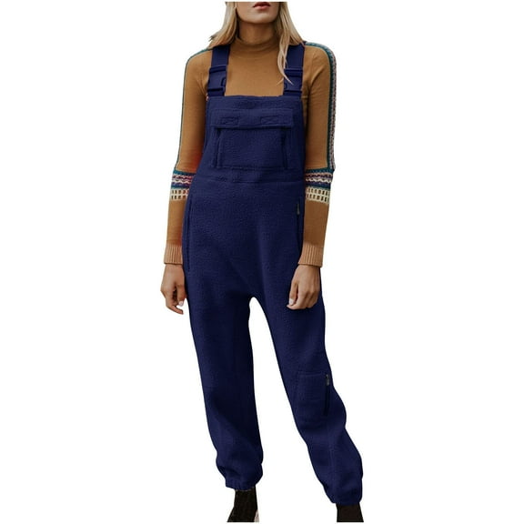 QSAWXQZ Women's Fleece Lined Overalls Adjustable Strap Solid Pants Jumpsuit with Zipper Pockets Navy M