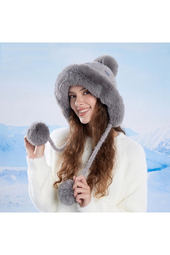 Women's Fleece Lined Trapper Hat with Faux Fur Trim Pom Poms Warmer Hat for Winter Gray Free Size