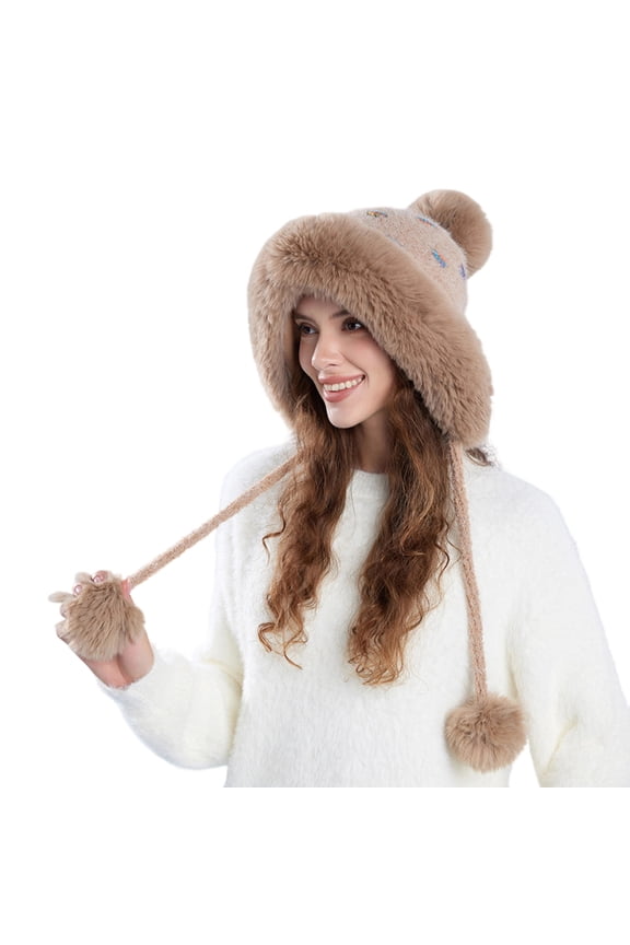 Women's Fleece Lined Trapper Hat with Faux Fur Trim Pom Poms Warmer Hat for Winter Khaki Free Size