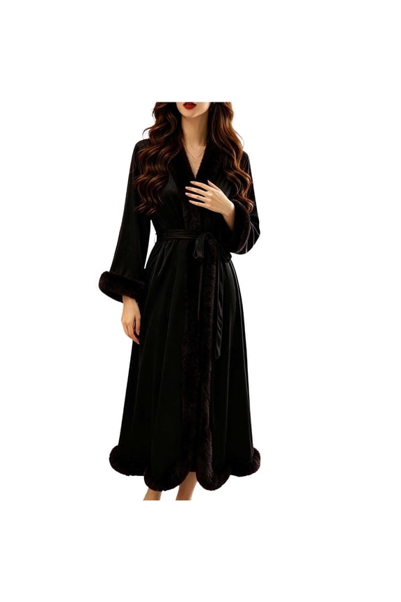 Women's Fleece Linen Robe Long Sleeve Belted Maxi Sleepwear for Winter 2XL