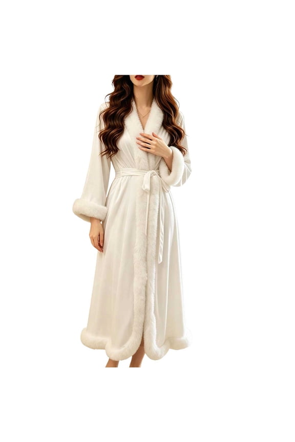 Women's Fleece Linen Robe Long Sleeve Belted Maxi Sleepwear for Winter XL