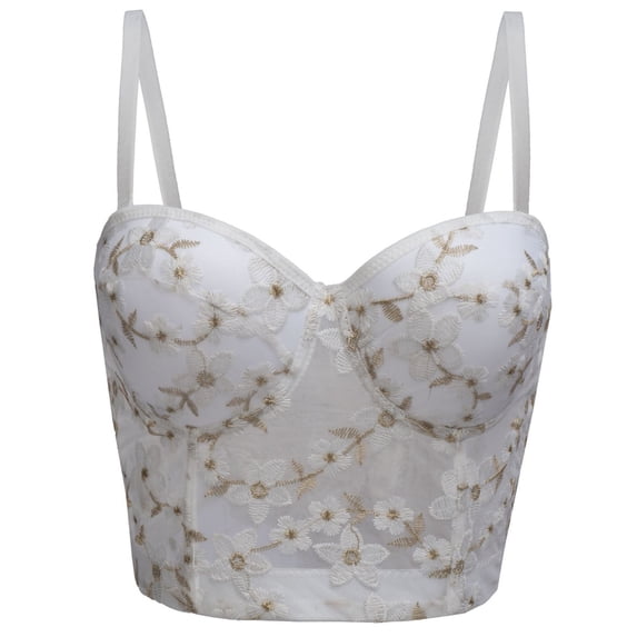 QSAWXQZ Women's Floral Embroidered Mesh Bustier Corset Top Underwire Push Up Padded Cups Boned Adjustable Straps Sleeveless Sweetheart Neckline Crop Tank for Summer Outing 36