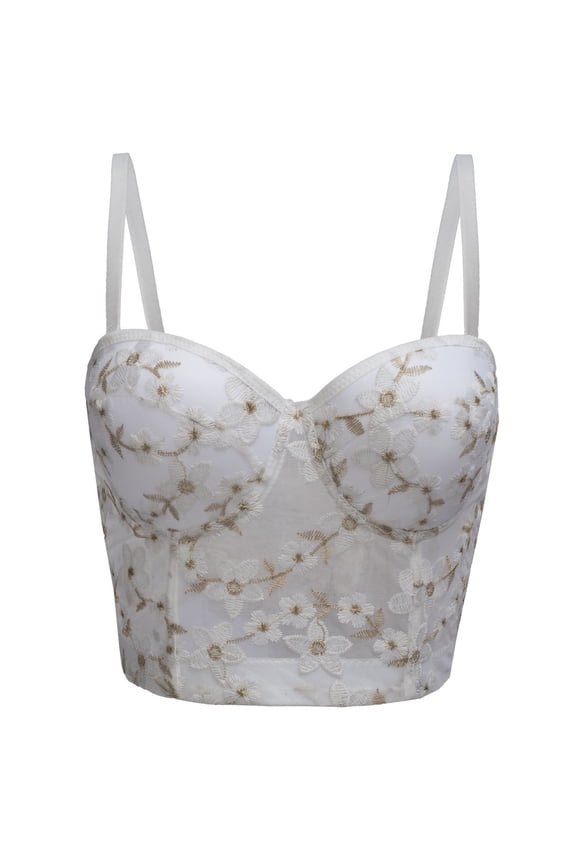 Women's Floral Embroidered Mesh Bustier Corset Top Underwire Push Up Padded Cups Boned Adjustable Straps Sleeveless Sweetheart Neckline Crop Tank for Summer Outing 40