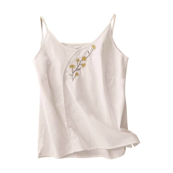 QSAWXQZ Women's Floral Embroidered Tank Top Spaghetti Strap V Neck Sleeveless Cotton Linen Boho Beach Camisole L