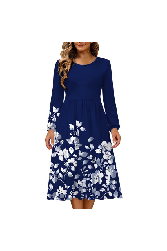 Women's Floral Midi Dress Long Sleeve Crew Neck High Waist Pleated A Line Dress for Spring Garden Wedding Guest S