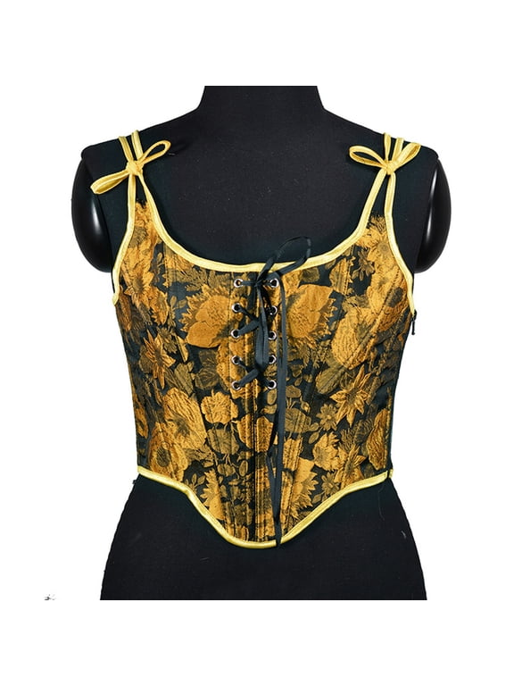 Women's Floral Overbust Corset Adjustable Straps and Front Lace Up Fashionable Body Shapewear Yellow 2XL