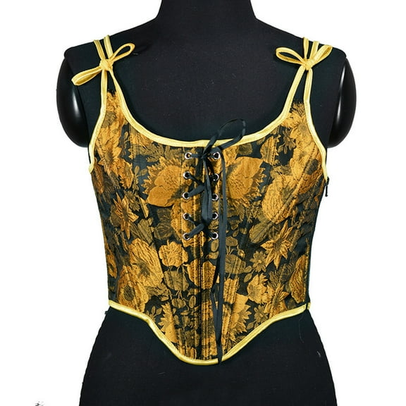 QSAWXQZ Women's Floral Overbust Corset Adjustable Straps and Front Lace Up Fashionable Body Shapewear Yellow L