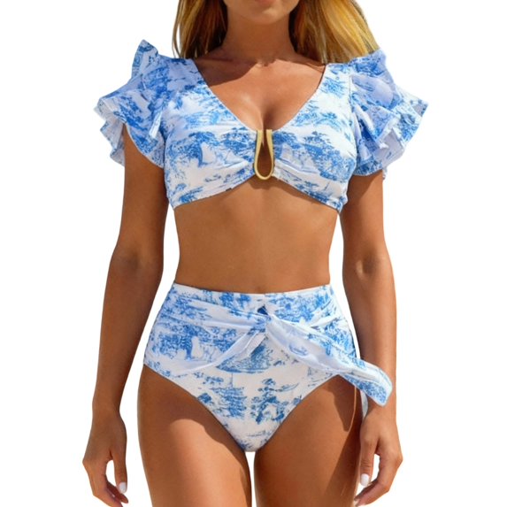 QSAWXQZ Women's Floral Print Bikini Set 2 Piece Bathing Suit with Ruffle Short Sleeve V Neck Top and High Waisted Side Tie Bottom Tummy Control Swimwear for Beach Pool Blue S